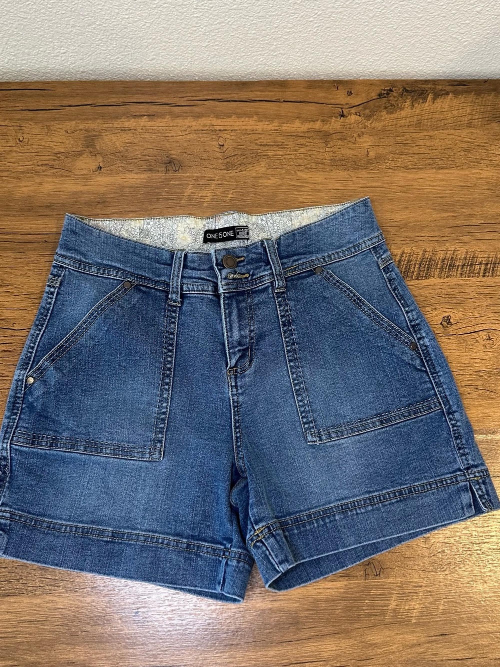 one 5 one Dark Blue Denim Patch-Pocket Cuffed Shorts